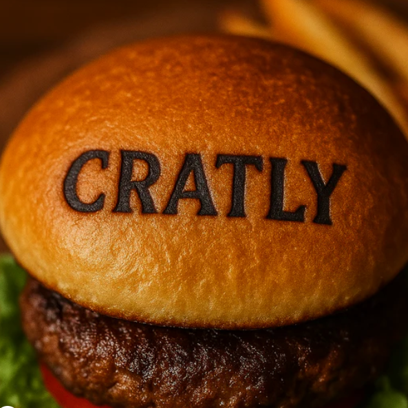 Close-up of a burger with 'CRATLY' embossed on the bun.
