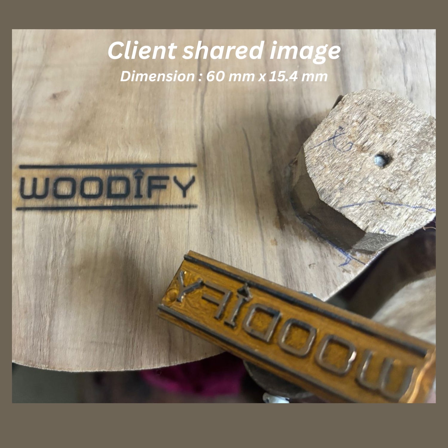 Wooden surface with 'WOODIFY' branding and a metal tool.